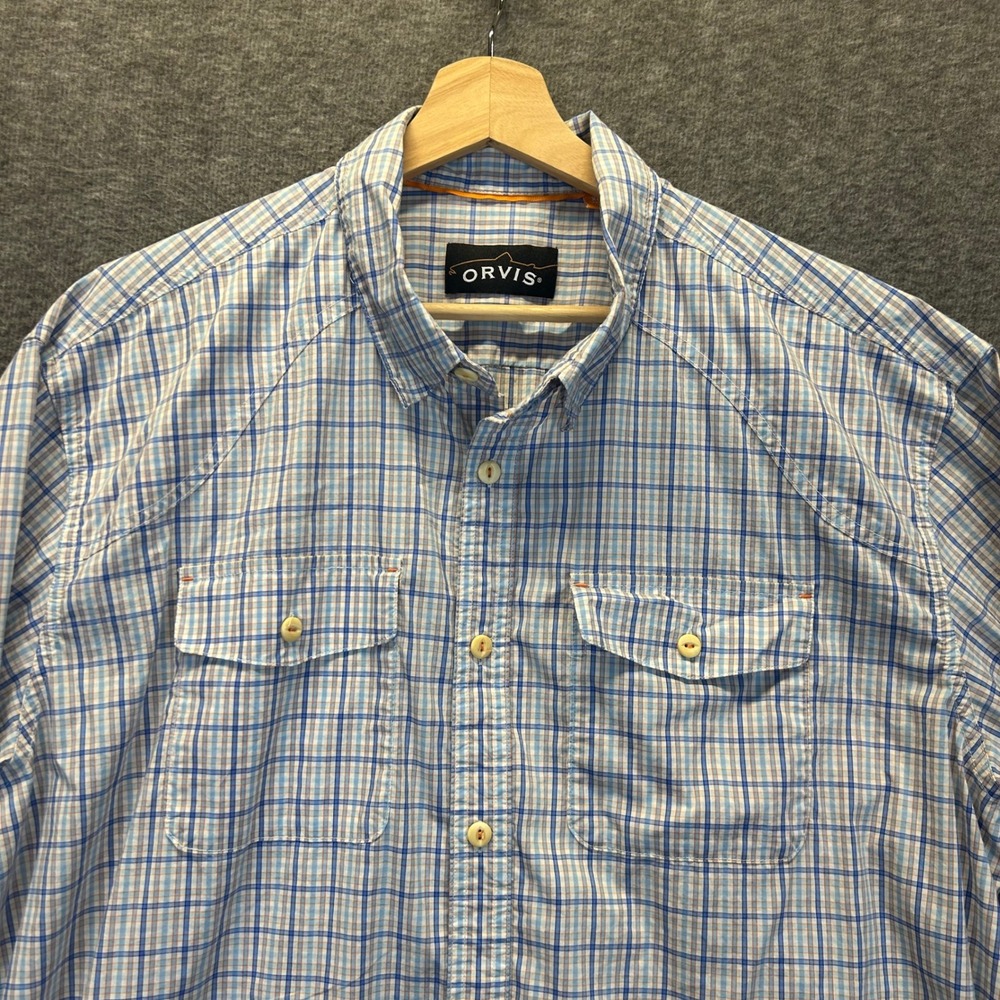 Orvis Mens XL Blue Orange Plaid Stretch Long Sleeve Button Down Utility Shirt